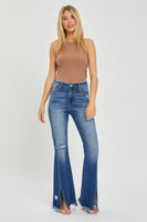 Risen High Rise Front Slit with Fray Hem Flare Jeans