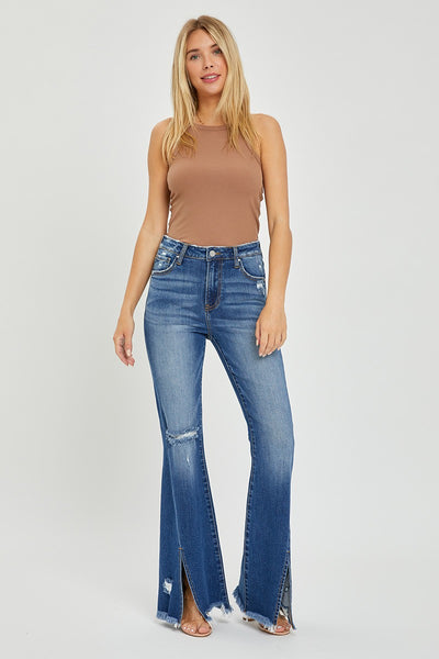 Risen High Rise Front Slit with Fray Hem Flare Jeans – Gail and Grace