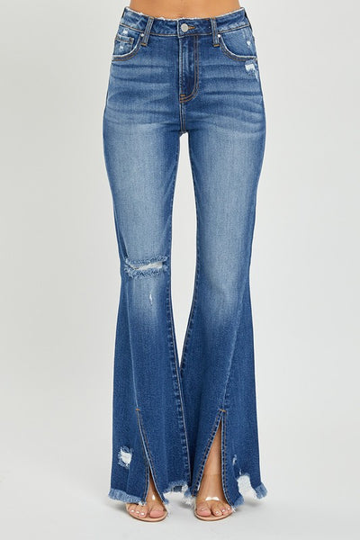 Risen High Rise Front Slit with Fray Hem Flare Jeans – Gail and Grace
