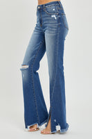 Risen High Rise Front Slit with Fray Hem Flare Jeans