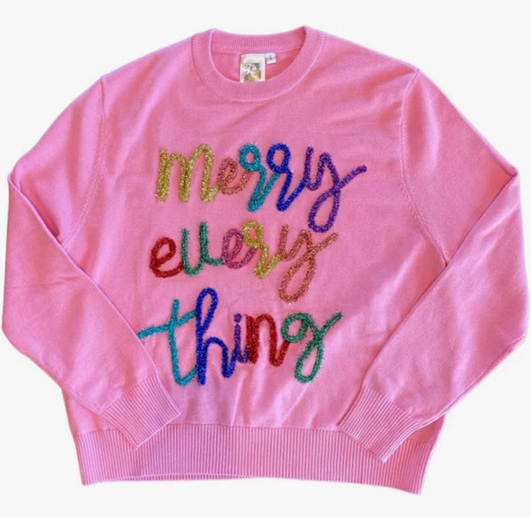 Queen of Sparkles Pink Merry Everything Glitter Script Sweater