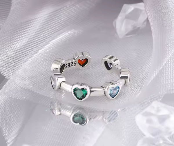 Sterling Silver Colorful Hearts Ring