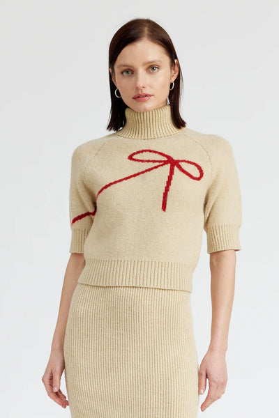 En Saison Merrill Short-Sleeve Bow Crop Sweater